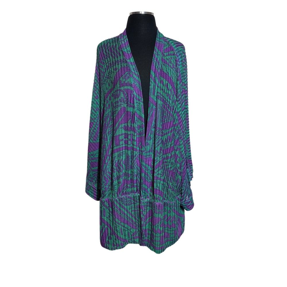Iman Global Chic Pleated Jacket Open Cardigan Purple Green Abstract Print Sz 2X